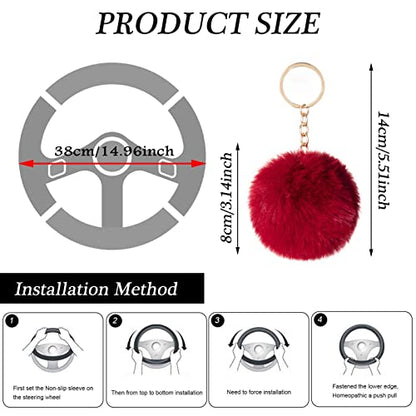 WenMei 4PCS Set Fluffy Steering Wheel Covers with Handbrake Cover&Gear Shift Cover&Plush Keychain Furry Steering Wheel Cover for Women Girl Fashion Warm Car Wheel Protector Fit Most Car (Wine Red) - color: Wine Red