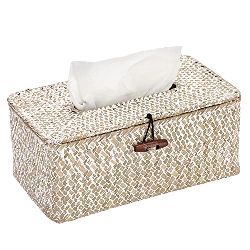 Sumnacon Rectangle Natural Seagrass Tissue Box Cover,Woven Tissue Box with Bottom,Farmhouse Tissue Box Holder for Living Room Bathroom Vanity Toilet Table Desk Countertop Office Car,Whitewash - color: Whitewash, size: Medium