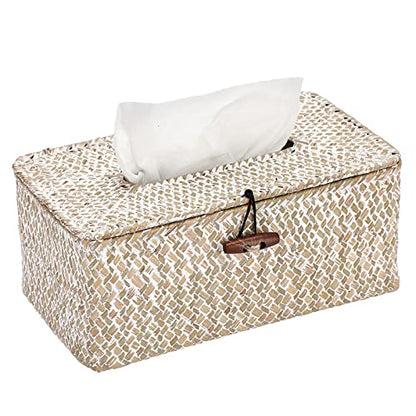 Sumnacon Rectangle Natural Seagrass Tissue Box Cover,Woven Tissue Box with Bottom,Farmhouse Tissue Box Holder for Living Room Bathroom Vanity Toilet Table Desk Countertop Office Car,Whitewash - color: Whitewash, size: Medium