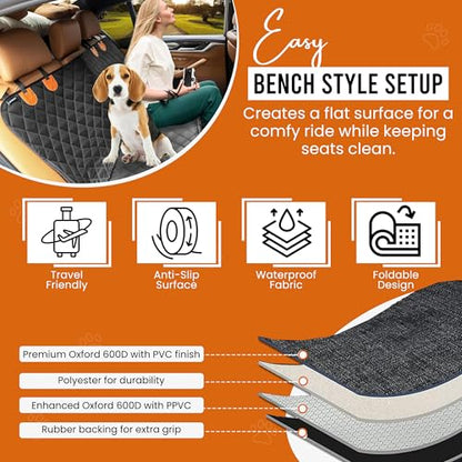 Dog Car Seat Cover for Back Seat - 600D Waterproof Pet Seat Cover | Black Car Seat Covers for Dogs | Anti-Slip Back Seat Extender for Dogs with Side Flap | Durable Dog Hammock for Car, SUVs & Trucks