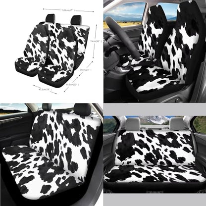 Wanyint Black White Cow Print Car Seat Cover Full Set 14 PCS, with Steering Wheel Cover Seat Belt Pad Garbage Bin Armrest Pad Rearview Mirror Handbrake Cover Set Coaster Fit Most Vehicles - color: Black White Cow Print