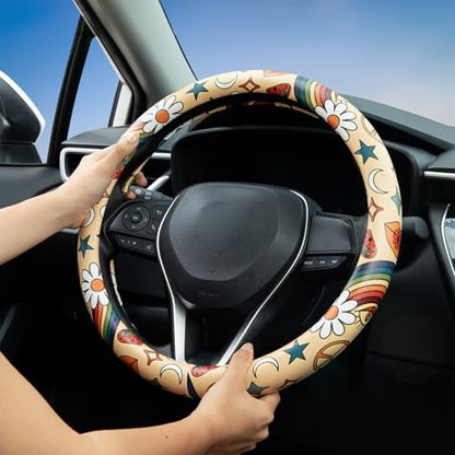 Rainbow Love&Peace Steering Wheel Cover Auto Jacquard Steering Wheel Protector, Anti-Slip, Breathable, Absorbing Sweat, Universal Car Accessories 14.5–15 inch,Fit for Most Car, Trucks, SUV - style: Rainbow Love and Peace