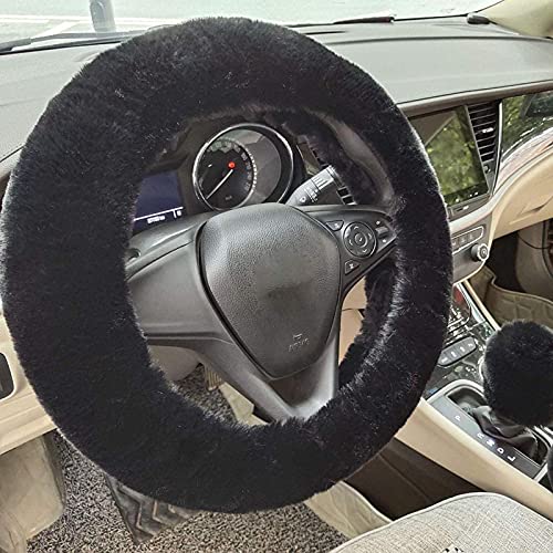 ZYNQACC 4PCS Set Fluffy Steering Wheel Covers with Handbrake Cover&Gear Shift Cover&Plush Keychain Faux Wool Furry Steering Wheel Cover For Women Auto Interior Universal Fit for 15 Inch (Black)