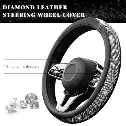 Diamond Leather Steering Wheel Cover, 15 Inch Bling Crystal Rhinestone Anti-Slip Wheel Protector, Universal Sparkling Elegant Diamond Steering Wheels Cover for Women Girl (Black) - color: Black