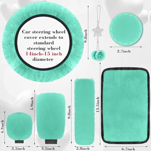 17 Car Seat Cover Full Set for Women,Universal Car Seat Cover,Plush Steering Wheel Cover,Fluffy Soft Wool Handbrake Gear,Suspension Accessories Full SUV (Patterned Mint Green) - color: Patterned Mint green
