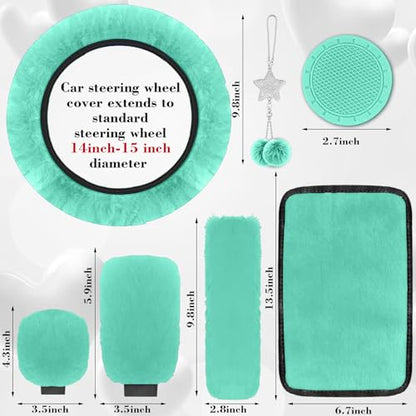 17 Car Seat Cover Full Set for Women,Universal Car Seat Cover,Plush Steering Wheel Cover,Fluffy Soft Wool Handbrake Gear,Suspension Accessories Full SUV (Patterned Mint Green) - color: Patterned Mint green