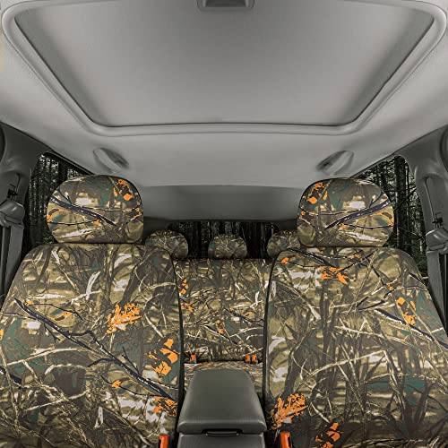 BDK Hunter Camo Car Seat Covers Full Set with Camo Steering Wheel Cover and Seat Belt Cover Pad – Forest Camouflage Pattern, Automotive Front Seat & Bench Back Seat Cover for Cars Trucks SUV - color: Hunter Camo