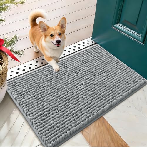 OLANLY Dog Door Mat for Muddy Paws 24x16, Ultra Absorbent Chenille Mud Doormat, Non-Slip Washable and Dirt Trapping Doormat for Indoor Entryway, Quick-Dry Indoor Pet Bed Mats for Dogs, Grey - color: Grey, size: 24" X 16"