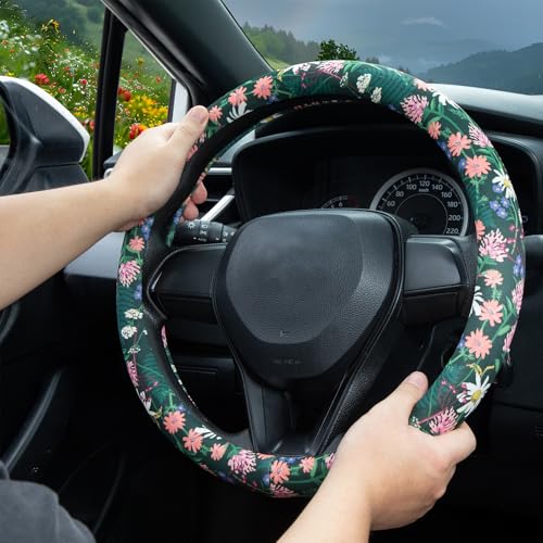 Flower, Floral, Daisies Steering Wheel Cover Auto Steering Wheel Protector, Anti-Slip, Breathable, Absorbing Sweat, Universal Car Accessories 14.5–15 inch,Fit for Most Car, Trucks, SUV - style: Flower, Floral, Daisies