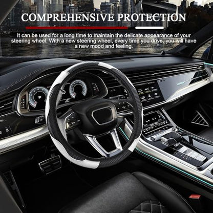 Car Steering Wheel Cover, Non-Slip Car Wheel Cover Protector, 15 inch Carbon Fiber Microfiber PU Leather Elastic Steering Wheel Protector for Men Women, Universal Auto Accessories (White)