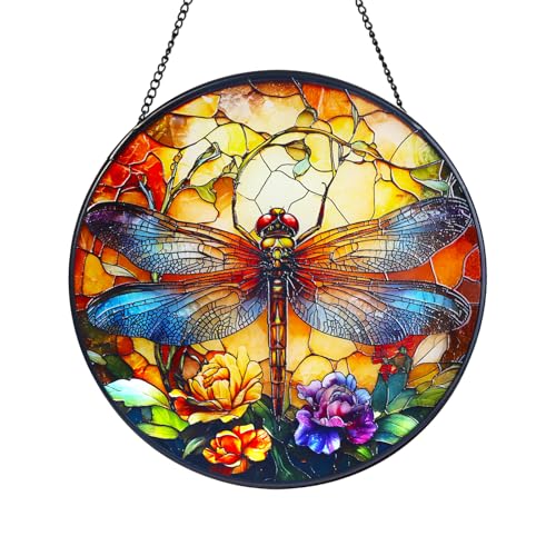 Dragonfly Stained Glass Window Hanging Suncatcher with Chain - 7.9" Outdoor/Indoor Art Decor for Home Garden, Wedding, Mother's, Dad's, Valentine's, Birthday, & Christmas Ornaments Present - color: Dragonfly