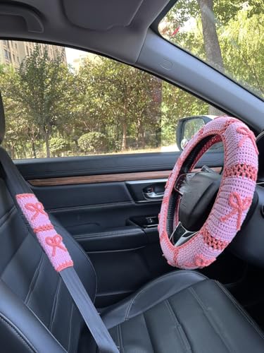 Handmade Crochet Pink Bow Car Steering Wheel Covers Universal 14-15 inch,Cute Steering Wheel Cover,Car Accessories (A: Wheel Cover+2Belt Cover) - color: A:Wheel Cover+2Belt Cover