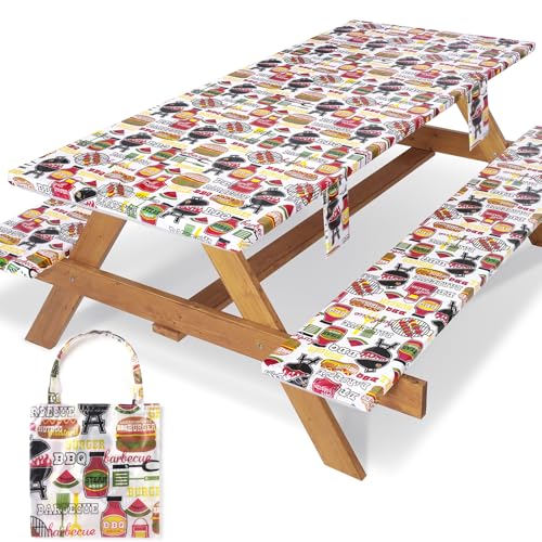 3 Piece Picnic Table Cover with Bench Covers Fitted Camping Table Cloths for 6Ft Tables Camper Travel Trailer Must Haves Motorhome Garden Tools Couple Wife Husband Boyfriend - color: Red Bbq, size: 72*30Inch