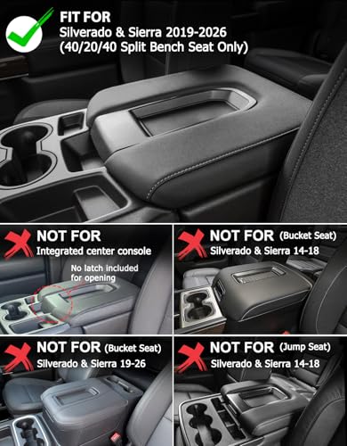 Center Console Cover for 2019-2026 Chevy Silverado & GMC Sierra 1500 2500 3500 HD Accessories, 40/20/40 Jump Seat, Vinyl Leather Arm Rest Protector, Anti-Scratch, Black Gray Stitching