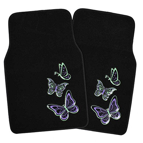 BDK Embossed Neon Purple & Green Butterflies Design Carpet Car Floor Mats for Auto Van Truck SUV-4 Pieces Front & Rear Full Set with Rubber Backing-Universal Fit