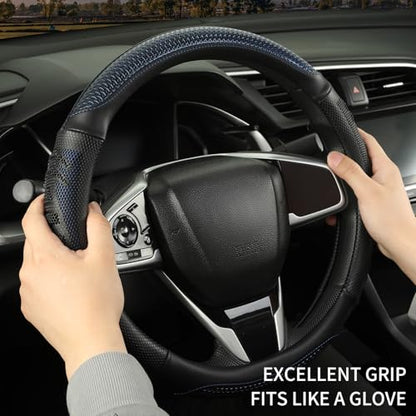 D Shaped Steering Wheel Cover Great Grip with 3D Honeycomb Hole, Anti-Slip Sporty Design, Universal 15 inch(Black with Blue) - color: Black with Blue, size: D Shaped-Middle[14.5''-15'']
