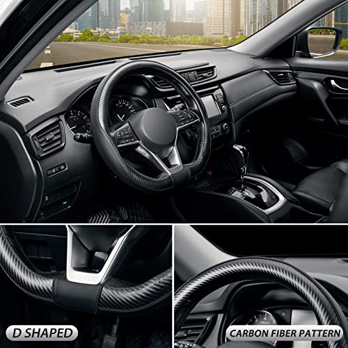 SEG Direct Flat Bottom Steering Wheel Cover Carbon Fiber, D Shaped Car Wheel Cover 14 1/2-15 in. (37-39 cm), Black Microfiber Leather with Carbon Fiber Pattern - color: 2. Black with Carbon Fiber, size: Standard size[14 1/2''-15'']
