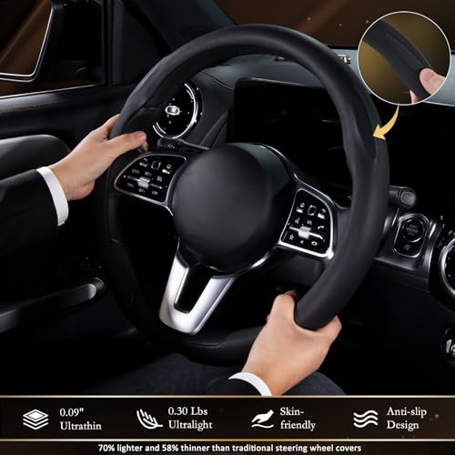 Aimato Car Steering Wheel Cover, Ultra-Thin Car Steering Wheel Cover,Comfortable & Breathable Microfiber,Universal Fit for Most Cars, Black - color: Black