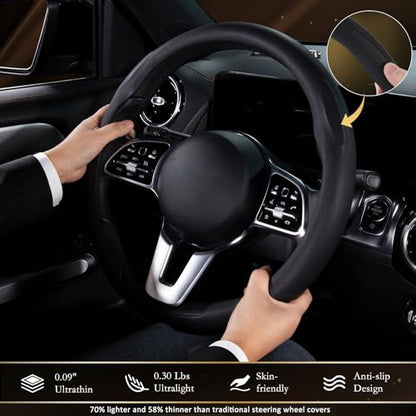 Aimato Car Steering Wheel Cover, Ultra-Thin Car Steering Wheel Cover,Comfortable & Breathable Microfiber,Universal Fit for Most Cars, Black - color: Black