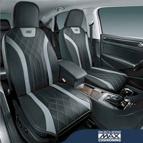 Skechers MAX Cushioning Car Seat Covers,Memory Foam Leather Car Seat Protectors, Airbag Safe Waterproof Sideless Front Seat Covers with Storage Pocket,Universal Fit for Cars Trucks SUV, Gray 2PCS
