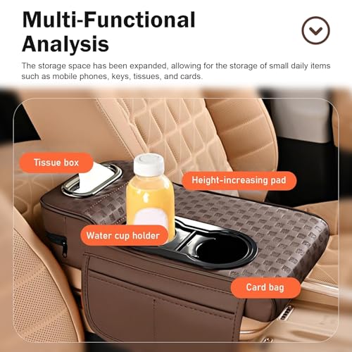 Car Armrest Cushion, Classic Grid Pattern Car Center Console Cover Pad, Waterproof 4-in-1 Armrest Cover with Tissue Box, Cup Holder, 2 Storage Bags, Universal for Most Cars (Coffee) - color: Coffee