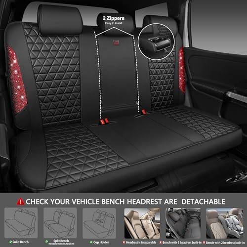 CAR PASS Bling Diamond Black Red Leather Car Seat Covers Full Set, Waterproof Shining Glitter Sparkly Crystal Universal Armrest Fit Automotive Truck SUV Women Girl, Rhinestone Interior Cover Set, Red - color: Red Rhinestone, size: Full Set