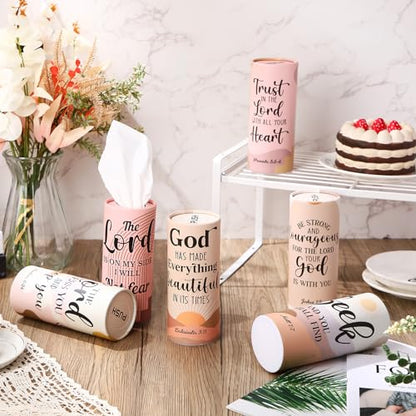 Outus 12 Pack Christian Car Tissues Cylinder Holder with Facial Tissue Bulk Round Bible Verses Napkins Container for Car Home Travel Prayer Church Gifts, 6 Designs - style: Christian