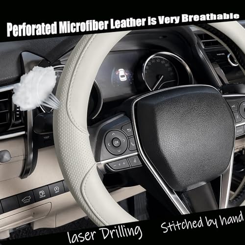 Steering Wheel Cover Universal Standard Size 14.5-15 inch, Non-Folding Packaging, Breathable Microfiber Leather, Anti-Slip, Soft Grip, Fits Most Cars SUVs Trucks, Light Creamy Gray - color: Light Creamy Gray, size: Round Shaped: Medium 14 1/2''-15''