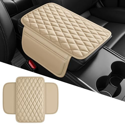 Waterproof Leather Car Center Console Pad with 2 Storage Bags, Auto Armrest Box Cover Protector, Comfortable Interior Accessories for Most Household Cars, Sedans & SUV (Cream)