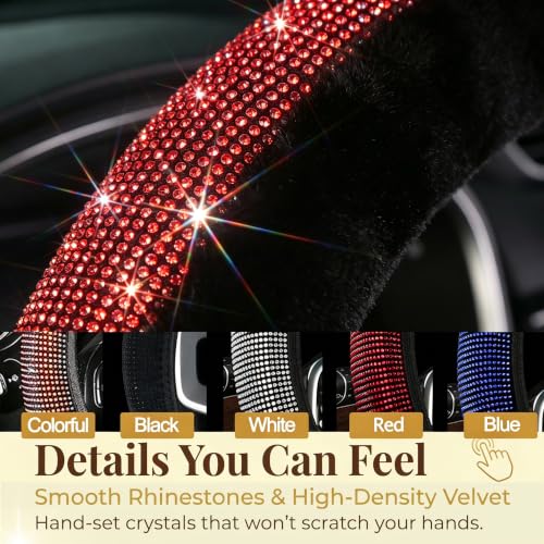 Bling Steering Wheel Cover for Women Girls, Red Rhinestone Diamond Sparkling Fur Fluffy Steering Wheel Accessories Elastic Steering Wheel Covers Winter Warm Universal Fit 14-15 inches - color: Red