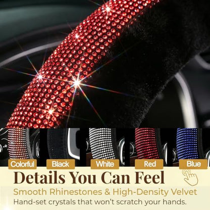 Bling Steering Wheel Cover for Women Girls, Red Rhinestone Diamond Sparkling Fur Fluffy Steering Wheel Accessories Elastic Steering Wheel Covers Winter Warm Universal Fit 14-15 inches - color: Red