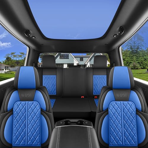 Car Seat Cover Custom Fit for Dodge Ram 1500 2500 3500 2009-2026 Faux Leather Seat Cover Set Compatible with Crew Quad Regular Cab Pickup Truck Cushions (Black & Blue, Full Set, Flat Rear) - color: Black & Blue, size: Full Set (Flat Rear)