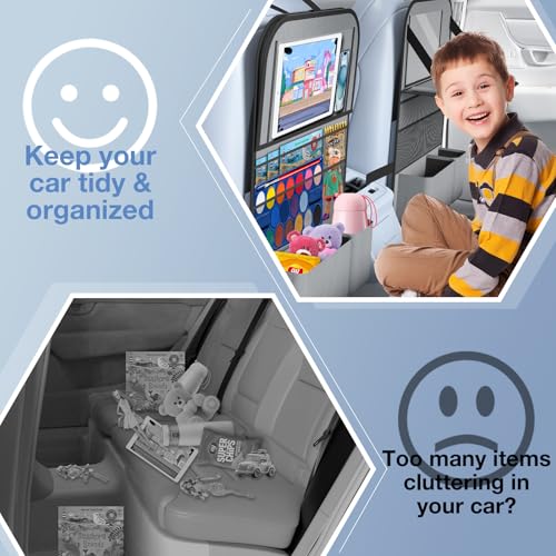 2PACK-Car Backseat Organizer with Touch Screen Tablet Holder,9 Storage Pockets Storage Organizer with Foldable Food Tray, Protector Kick Mats for Kids, Travel Accessories Organizer (Grey) - style: 2 Pack with Food Tray-Grey
