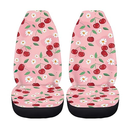 Pink Cherry Print Universal Fit Front Car Seat Cover for Women Girls Stain Resistant Car Seat Covers Bucket Seat Protector Prefect for Automotive, Van, Truck, SUV Cute Daisy Fruit Pattern - color: Cherry
