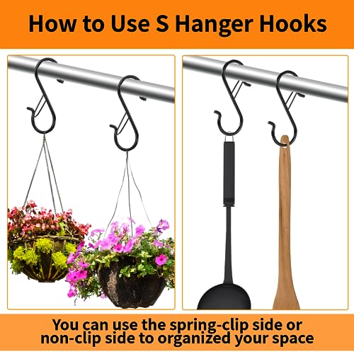 12 PCS S Hooks for Hanging with Safety Buckle, 3.5 inch Heavy Duty Metal S Shaped Hooks for Kitchen Utensil, Cups, Pots, Plants, Bags, Hats (Black) - color: Black