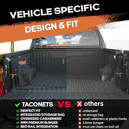 TacoNets Envelope Cargo Net for Toyota Tundra - Fits 2007-Current - Patented Bed Rail Integration - Upgraded 5mm Bungee - Integrated Storage Bag - Heavy Duty Carabiners - Designed in USA - style: Toyota Tundra 2007+