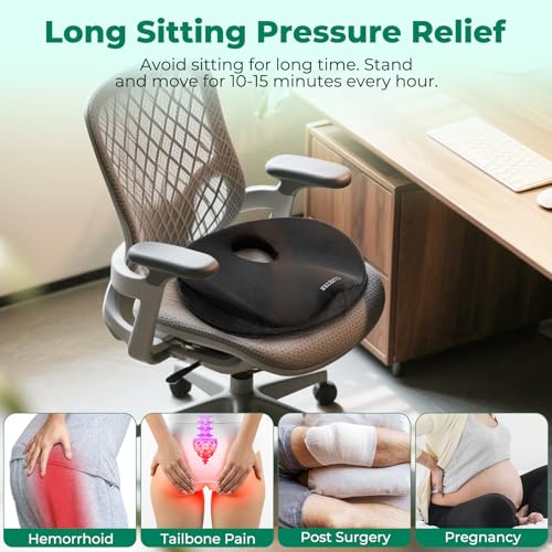 SAHEYER Donut Pillow for Tailbone Pain, Memory Foam Hemorrhoids Pillow for Sciatica Nerve, Sciatica Hip Coccyx Seat Cushion for Long Sitting Office Workers, Car Drivers, Black