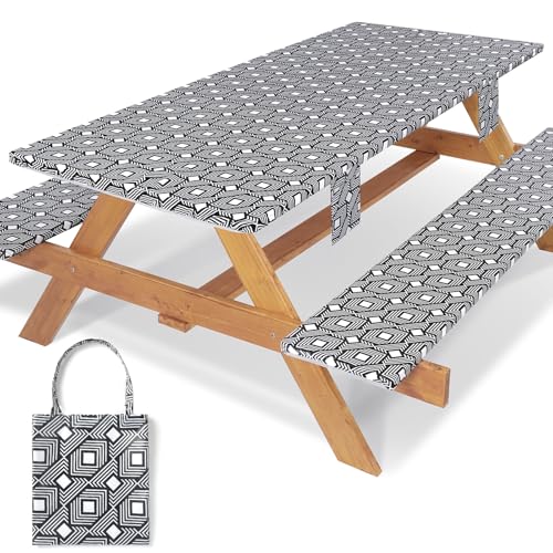 Picnic Table Cover with Bench Covers Elastic Waterproof Vinyl Tablecloth for 6 Foot Rectangle Tables Camping Rv Roadtrip Hiking Car Items for Tent Campers Gift for Teenage Boys Girls Sister - color: Gray Diamond Stripes, size: 72*30Inch
