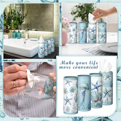 12 Pack Summer Ocean Car Tissue Cylinder Holder Bulk with 3 Ply Facial Tissues Starfish Round Napkin Holders for Cup Holder Cylinder Colorful Travel Paper Tubes Bulk Napkin Boxes Packs - style: Ocean