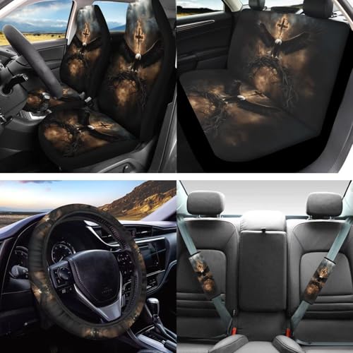 16 Pieces Car Seat Covers Full Sets, Eagle Cross Print Front Rear Seat Cover for Cars, Steering Wheel Cover Seat Belt Pads Arm Rest Covers Coaster Keychain, Universal Fit Auto Accessories - color: Black and Yellow - Eagle Cross
