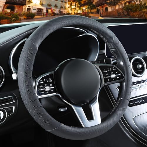 3D Premium Skin-Feel Leather Small Car Steering Wheel Cover, Anti-Slip Breathable Soft Slim Design, 13.5 inch to 14 inch, Black