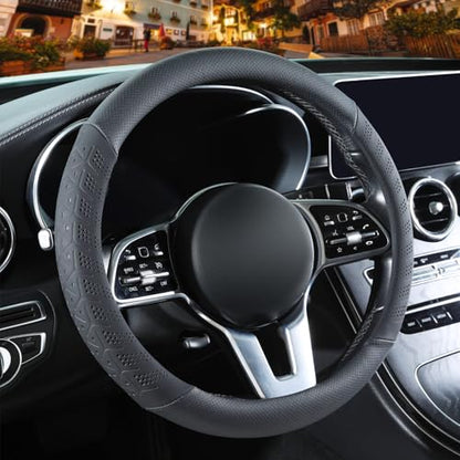 3D Premium Skin-Feel Leather Small Car Steering Wheel Cover, Anti-Slip Breathable Soft Slim Design, 13.5 inch to 14 inch, Black