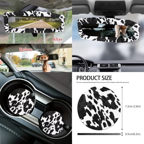 Wanyint Black White Cow Print Car Seat Cover Full Set 14 PCS, with Steering Wheel Cover Seat Belt Pad Garbage Bin Armrest Pad Rearview Mirror Handbrake Cover Set Coaster Fit Most Vehicles - color: Black White Cow Print