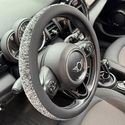 Large Size Chenille Leather Steering Wheel Cover, Soft Mottled Colors, Sweat-Proof, Non-Slip Grip, All-Season Comfort, 15.5-15.75 Inch(Mottled Gray)