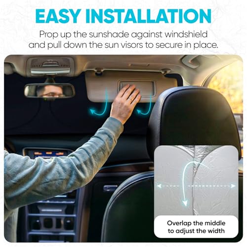 FORTEM Car Sun Shade for Windshield, Reflective Windshield Sunshade, 240T Polyester, Automotive Interior Sun Protection, Ultimate Heat and UV Shield, Foldable, Storage Bag - size: Large (65" x 33.5")