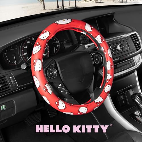 Hello Kitty Steering Wheel Cover Official Sanrio Car Accessory Universal Size 14.5 to 15 Inch Cute Red Design for Women Girls Sedans SUVs Trucks, Anti-Slip Grip, Stretch-Fit Design - style: Hello Kitty Red