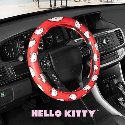 Hello Kitty Steering Wheel Cover Official Sanrio Car Accessory Universal Size 14.5 to 15 Inch Cute Red Design for Women Girls Sedans SUVs Trucks, Anti-Slip Grip, Stretch-Fit Design - style: Hello Kitty Red