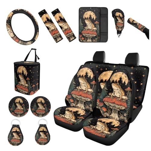 Forchrinse Frog Mushroom Car Seat Covers for Women Mushroom Auto Accessories Set with Steering Wheel Cover Shoulder Armrest Pad Cup Coaster Keychain Trash Can Universal for SUV Truck - color: Frog Mushroom