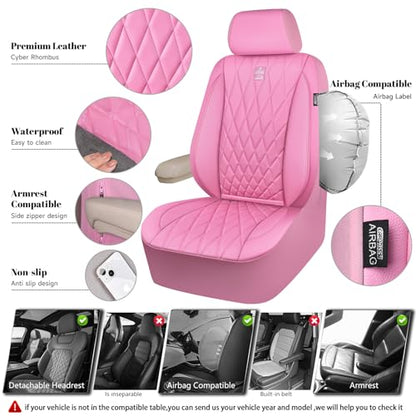 CAR PASS Piping Luxury Leather Two Front Car Seat Covers, Cute Girly Waterproof Anti Slip Seat Covers Compatible with Front Seat Armrests,Universal Fit for Suvs,Vans,Trucks,Airbag Compatible(All Pink) - color: All Pink, size: Two Front