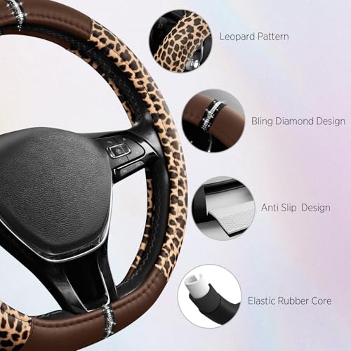 Road Comforts Leopard Steering Wheel Cover for Women, Cute Anti-Slip Microfiber Leather, Fits D Shape Flat Bottom Steering Wheel 14.5-15 Inch - Brown - color: D Shape-Brown
